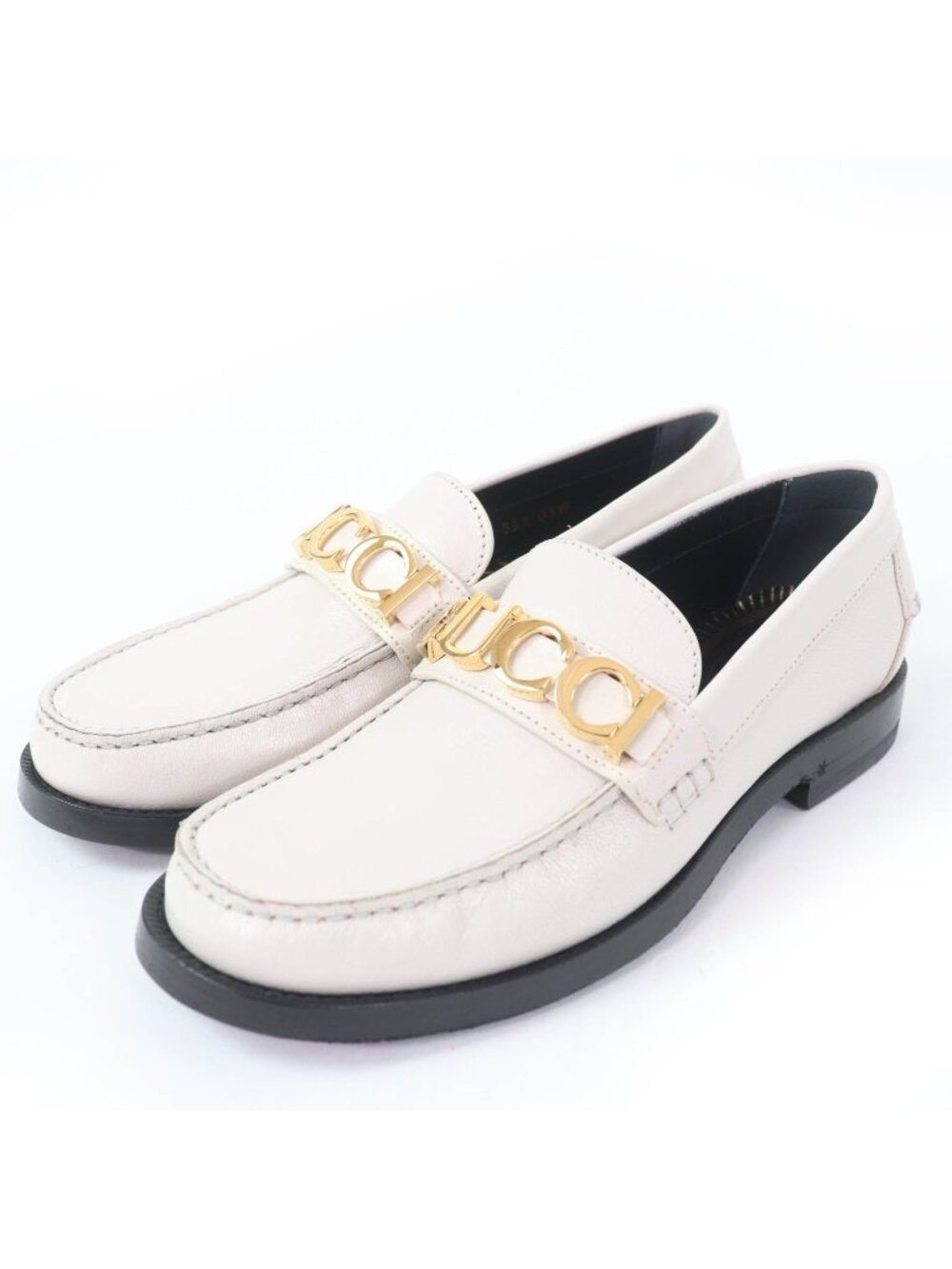 Gucci Metal Logo Leather Loafers Ivory Gold
